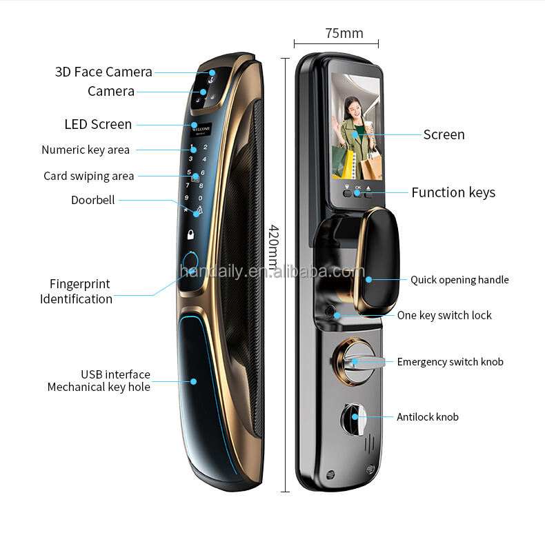 premium quality golden color smart lock tuya face recognition fingerprint smart door lock with camera for home d28-13