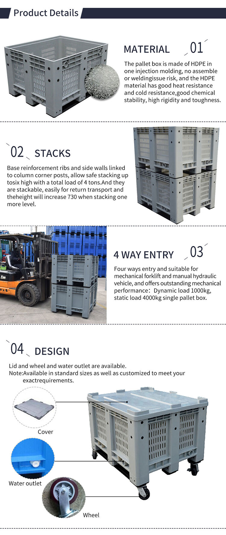 heavy duty hdpe hygiene food grade mesh grid vented stackable plastic pallet bin for vegetable and fruits factory