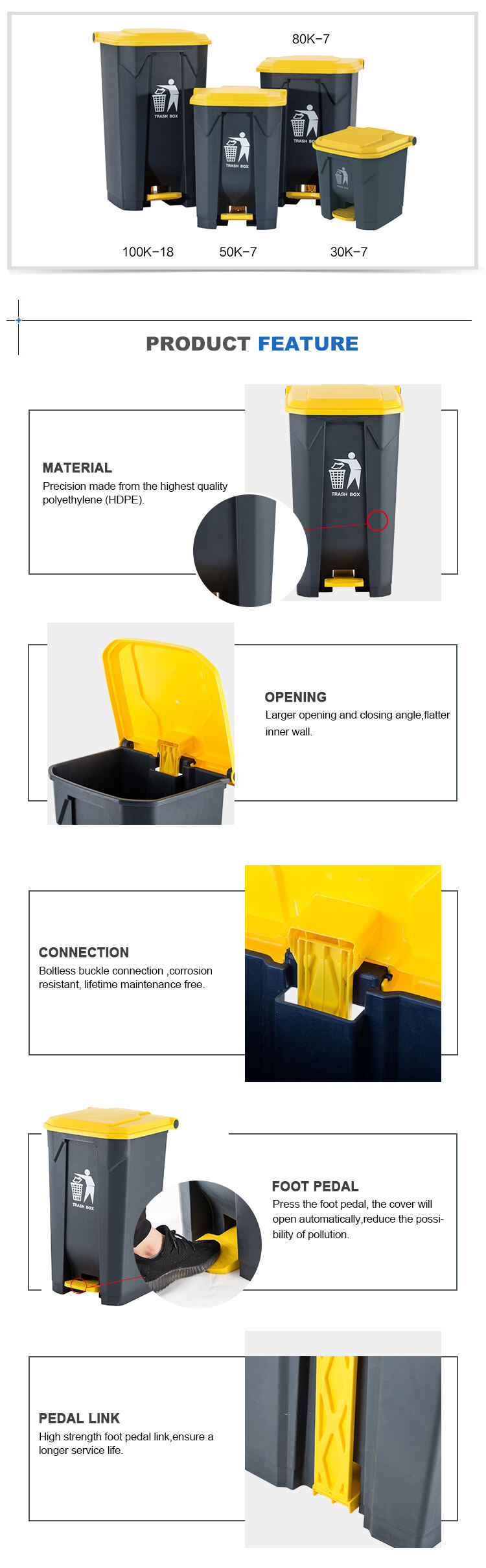 30L/50L/80L/100L plastic waste dustbins foot pedal trash can garbage bins with good price manufacture
