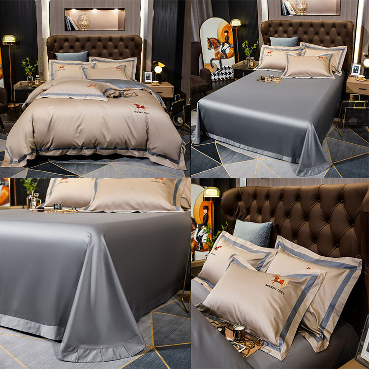 High quality 100% Cotton Two color Home Embroidery Bed Sheets Quilt Comforter Set Luxury Twin Size Bedding Set details