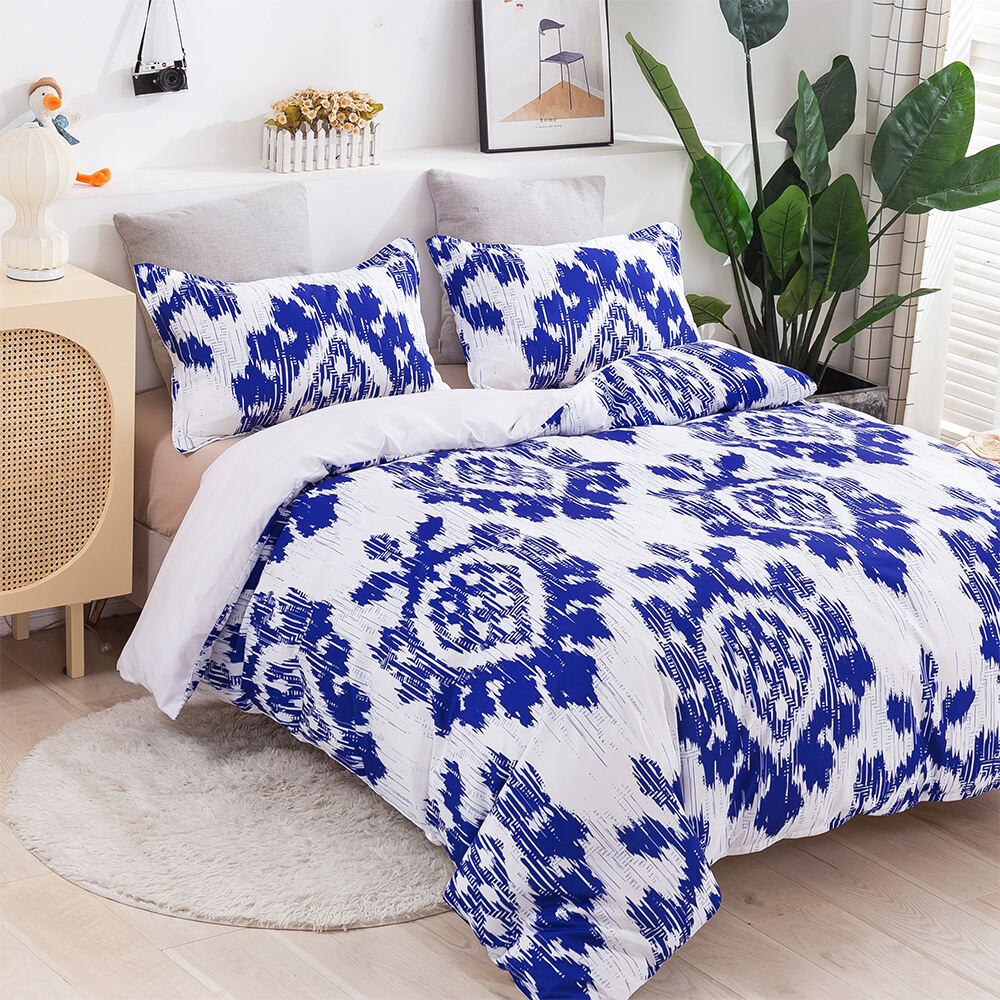 Cheap 3D design print custom bedding set anti wrinkle bedsheets blue and white quilt cover manufacture