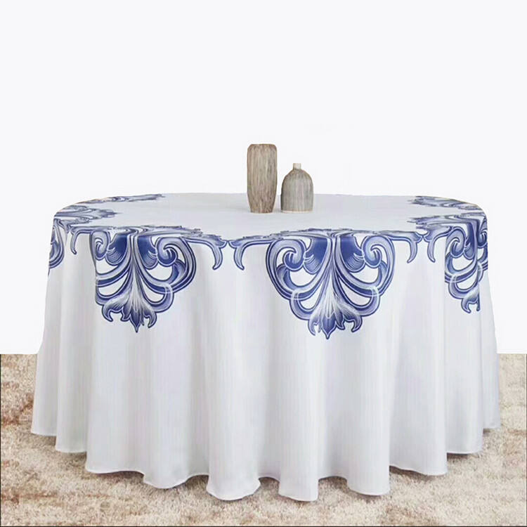 Coffee Linen Fiber Optic Embroidered Flower Design Picnic Navy Jacquard Table Cloth