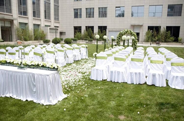 Stretch washable Outdoor Romantic white wedding banquet polyester table cloth and chair covers manufacture