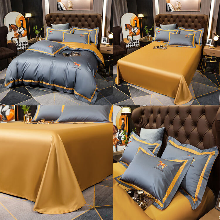 High quality 100% Cotton Two color Home Embroidery Bed Sheets Quilt Comforter Set Luxury Twin Size Bedding Set factory