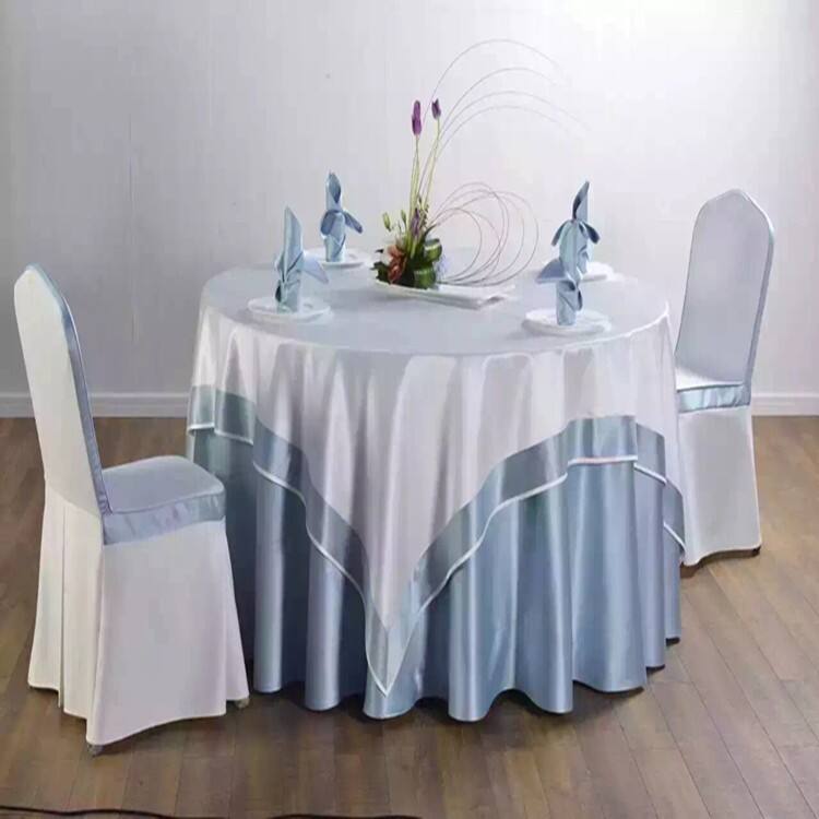 Polyester Material and Round Shape Luxury royal blue hotel banquet wedding party table cloth details