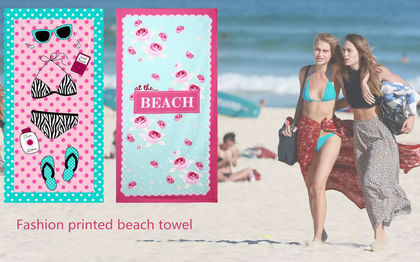 Designer pink double side print promotional business personalised logo beach towel manufacture