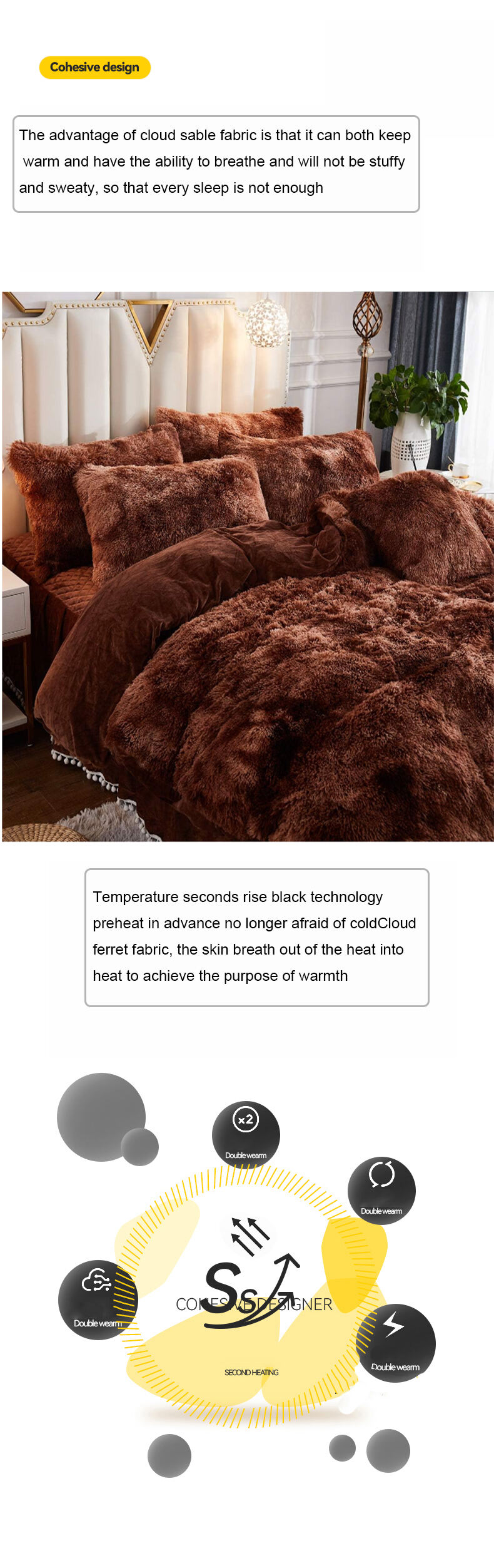 High quality Deluxe Bedding Plush 4-piece Set Fluffy Super Soft Warm Very durable Brown duvet bedding set details