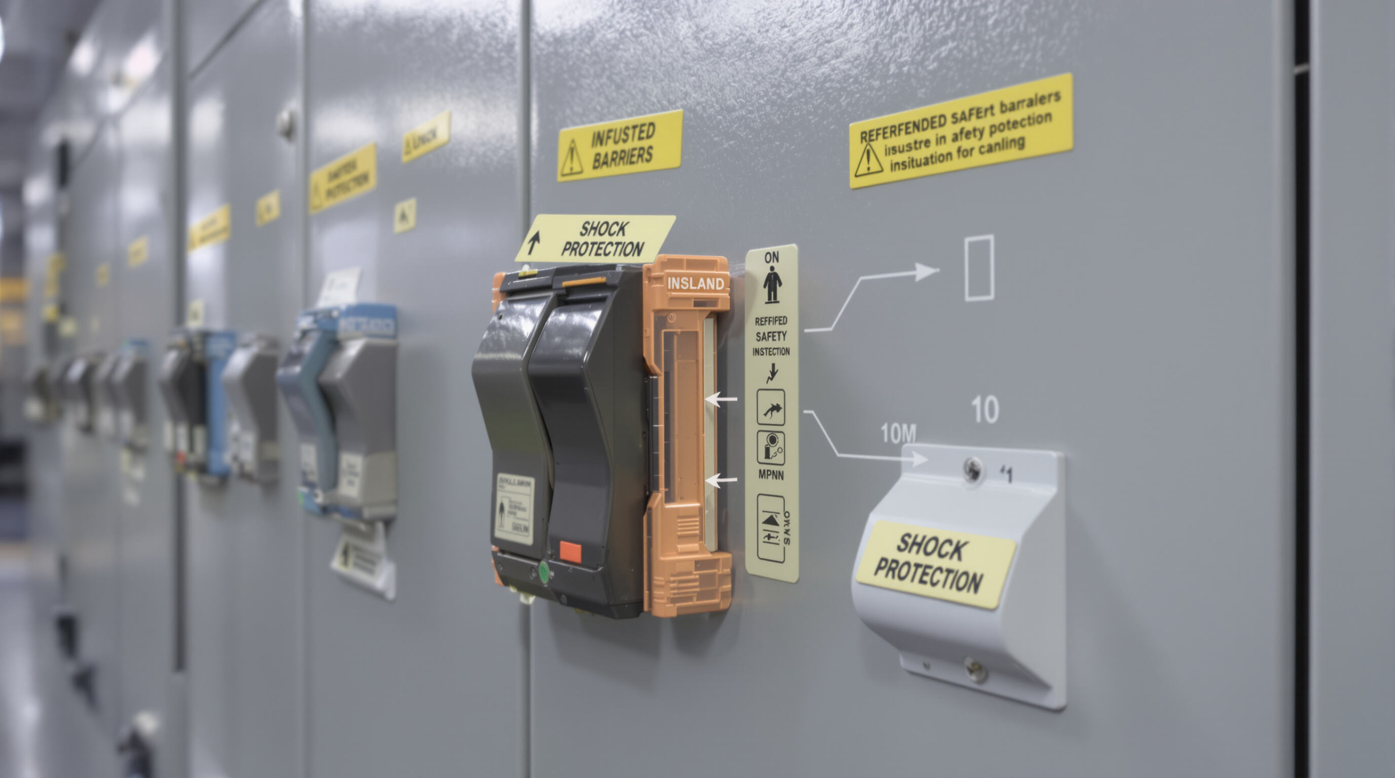 Photorealistic view of insulated rocker switches in an electrical panel emphasizing advanced safety and shock protection.
