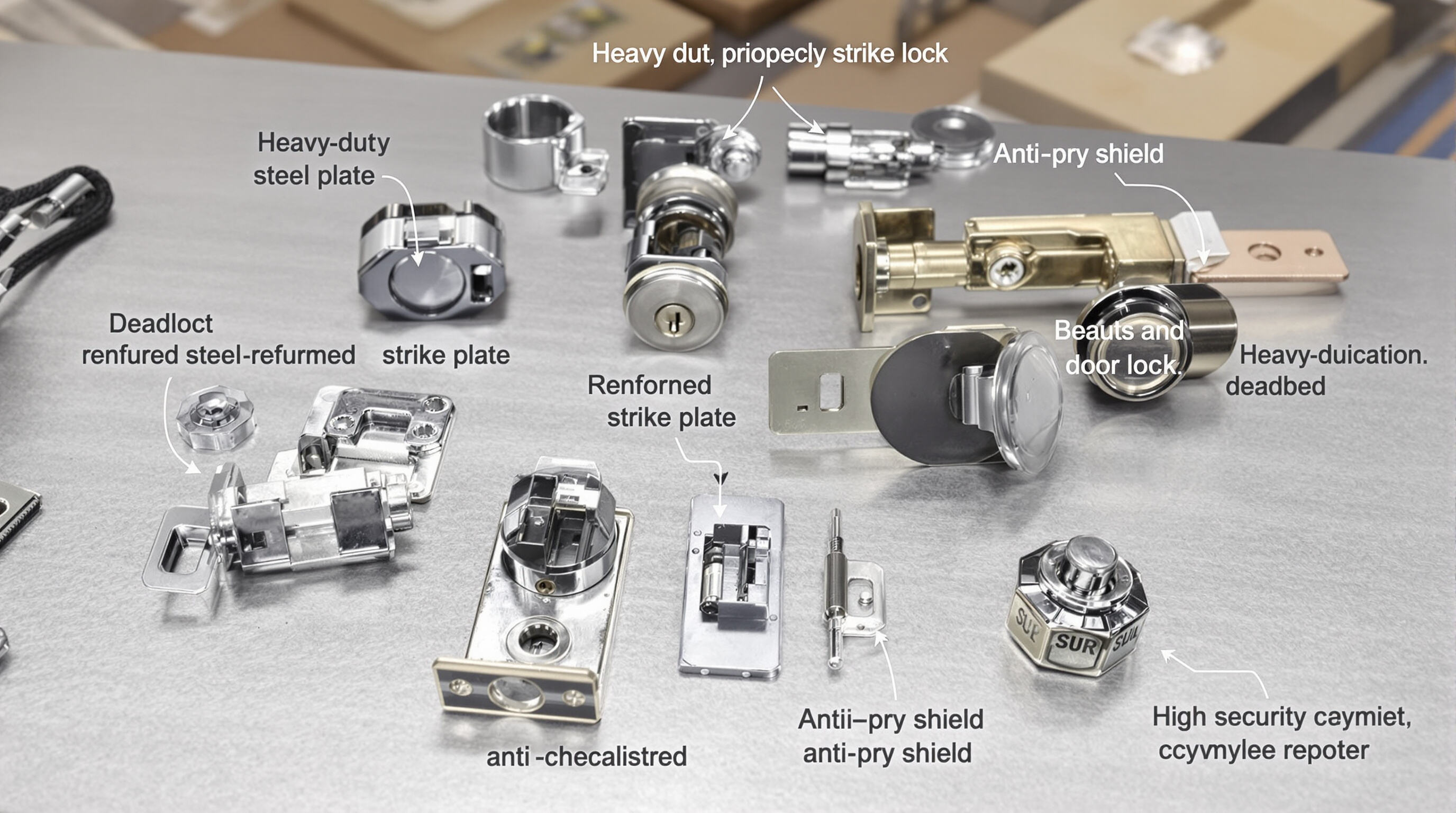 Close-up view of upgraded RV door lock parts laid out on a workbench, featuring reinforced steel components in soft natural lighting
