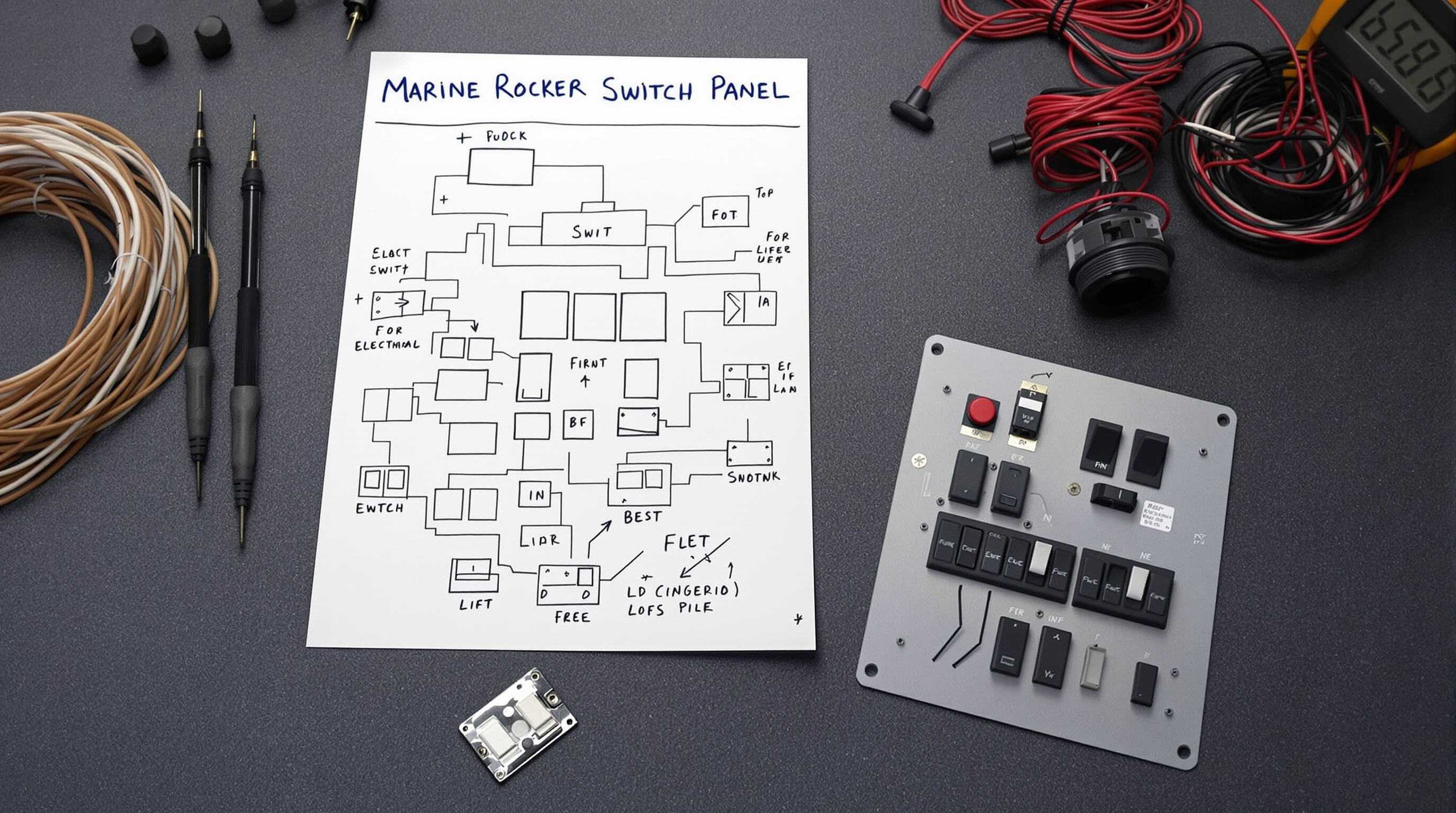 Photorealistic scene showing a hand-drawn marine switch panel diagram, electrical panel, wires, and tools on a workbench