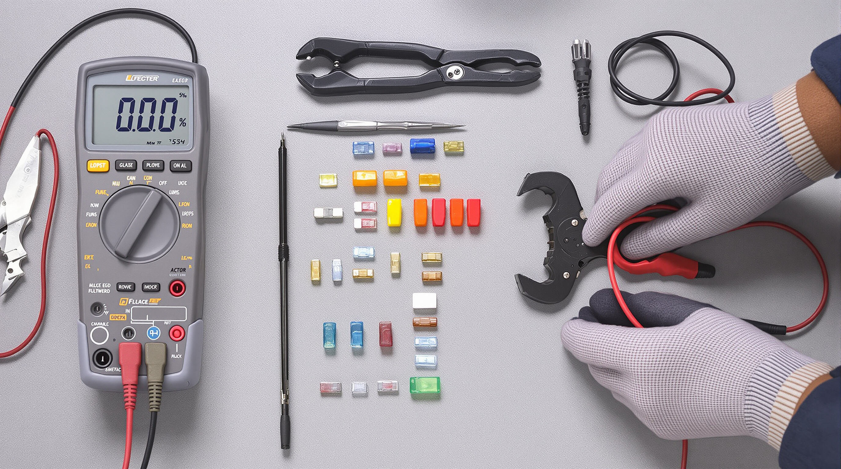 Technician prepares automotive tools and multimeter to test car fuses on a muted workbench