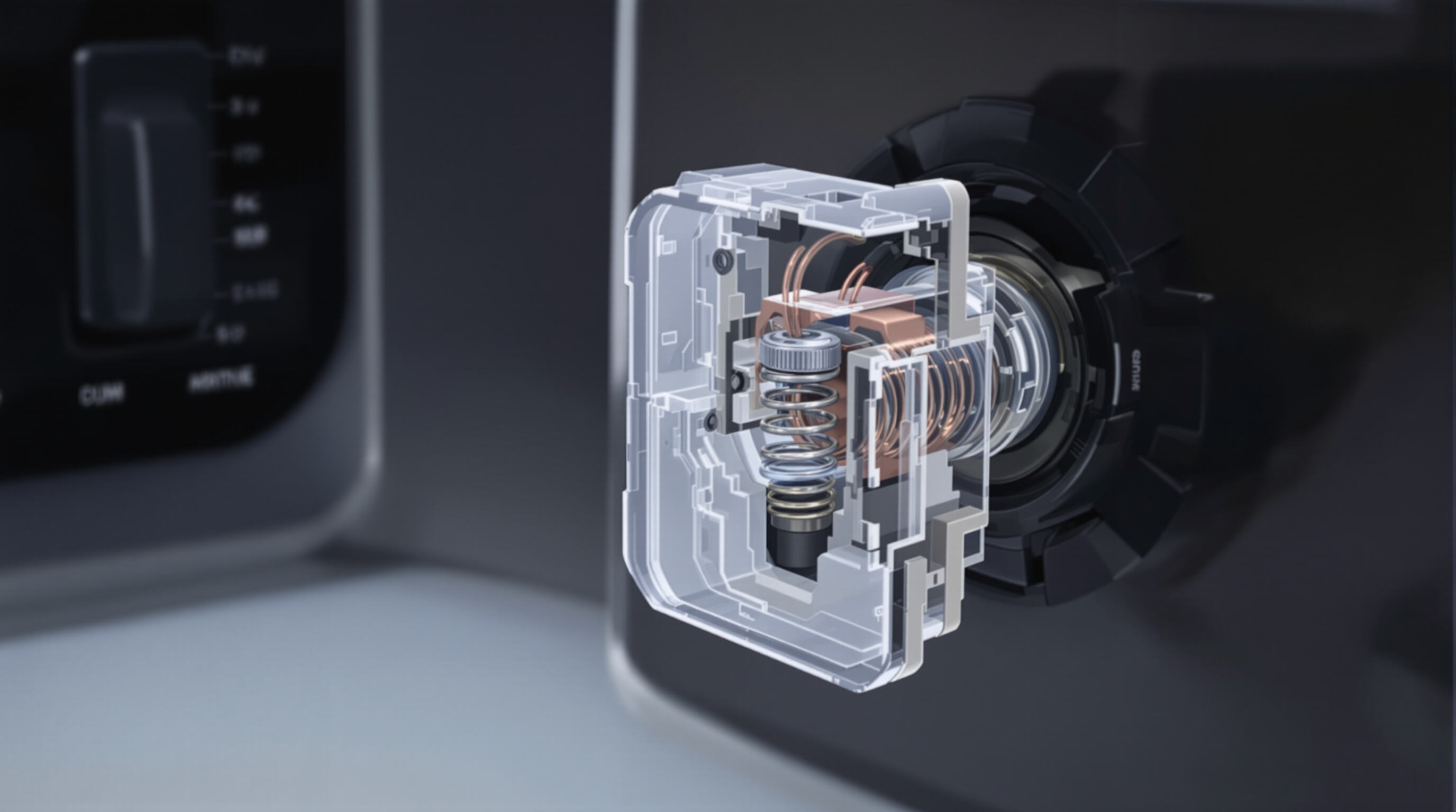 Partially transparent marine rocker switch showing internal spring, contacts, and sealed housing inside a boat console