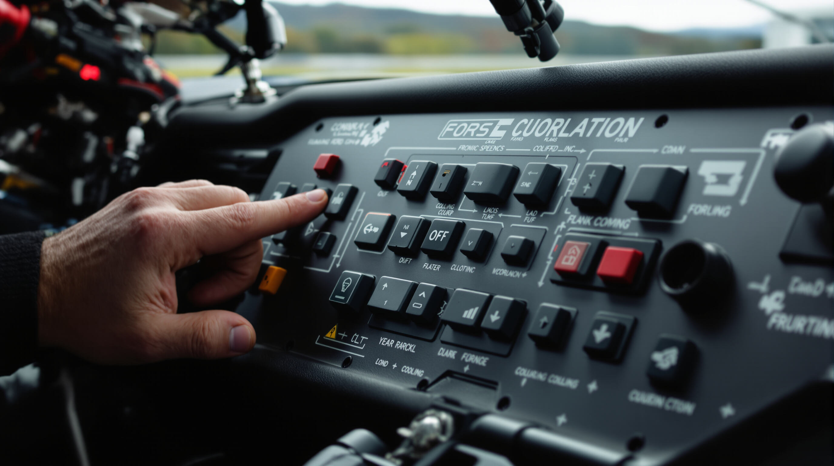 Photorealistic close-up of a race car switch panel being operated by a driver during a race