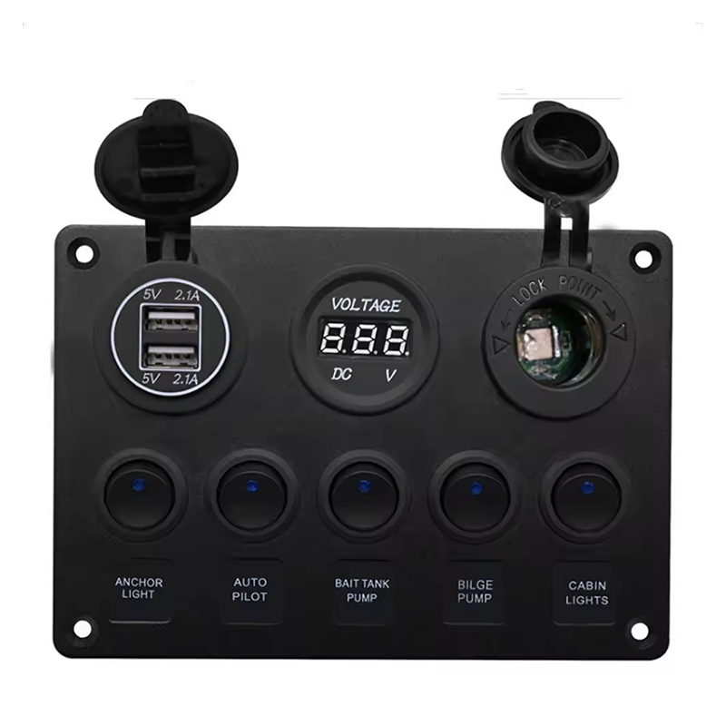 5 Gang Marine Rocker Switch Panel ON-Off Toggle Switch Panel Waterproof Blue LED Dual USB Socket Charger + Voltmeter