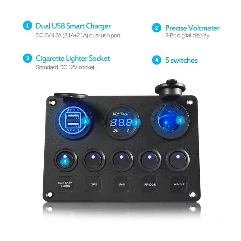 5 Gang Marine Rocker Switch Panel ON-Off Toggle Switch Panel Waterproof Blue LED Dual USB Socket Charger + Voltmeter