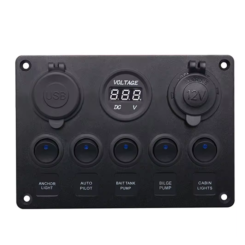 5 Gang Marine Rocker Switch Panel ON-Off Toggle Switch Panel Waterproof Blue LED Dual USB Socket Charger + Voltmeter