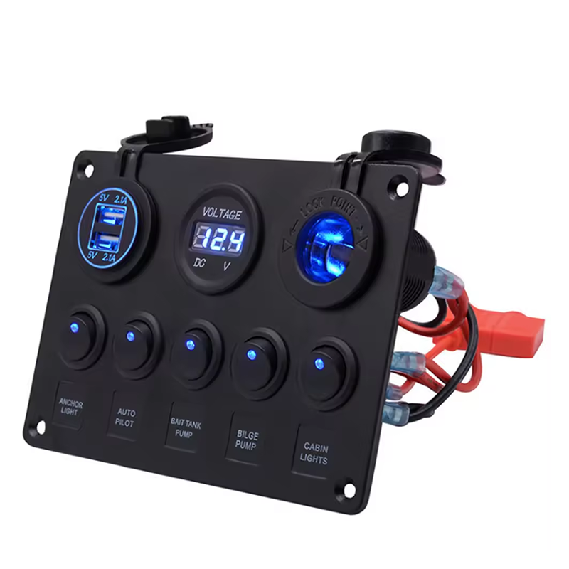 5 Gang Marine Rocker Switch Panel ON-Off Toggle Switch Panel Waterproof Blue LED Dual USB Socket Charger + Voltmeter