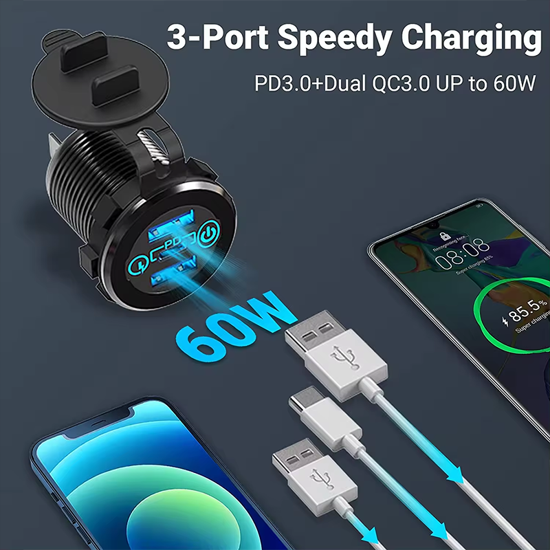 12V/24V Triple USB Outlet Metal 60W USB-C Multiple Car Charger Socket PD3.0 & Two QC3.0 Ports with Touch Switch