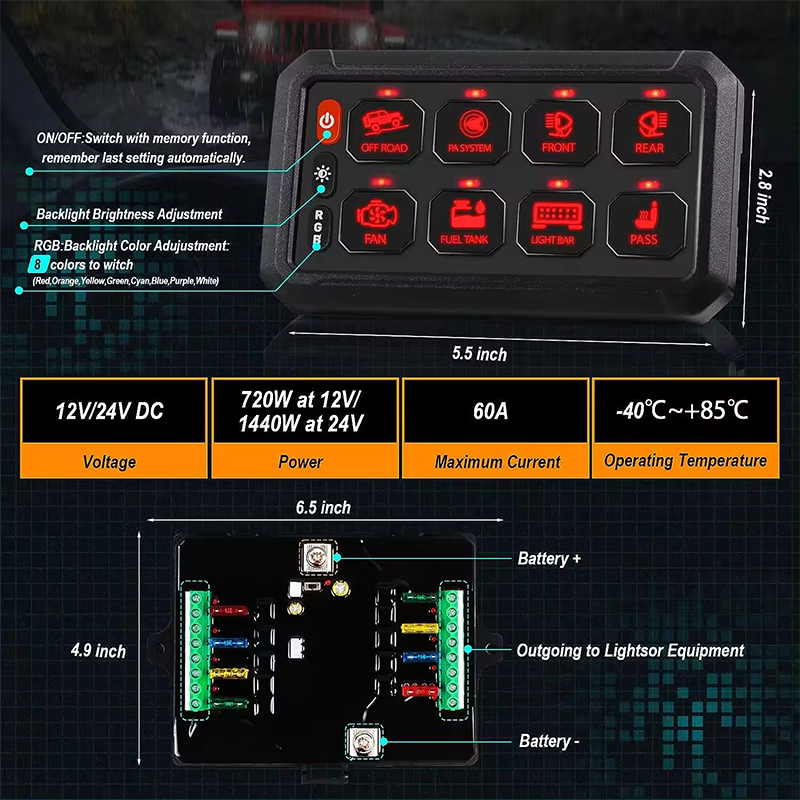 RGB 8 Gang Switch Panel 3 Silicone Button Universal Circuit Control Relay Box Multifunction Auxiliary Switch Panel Momentary Str