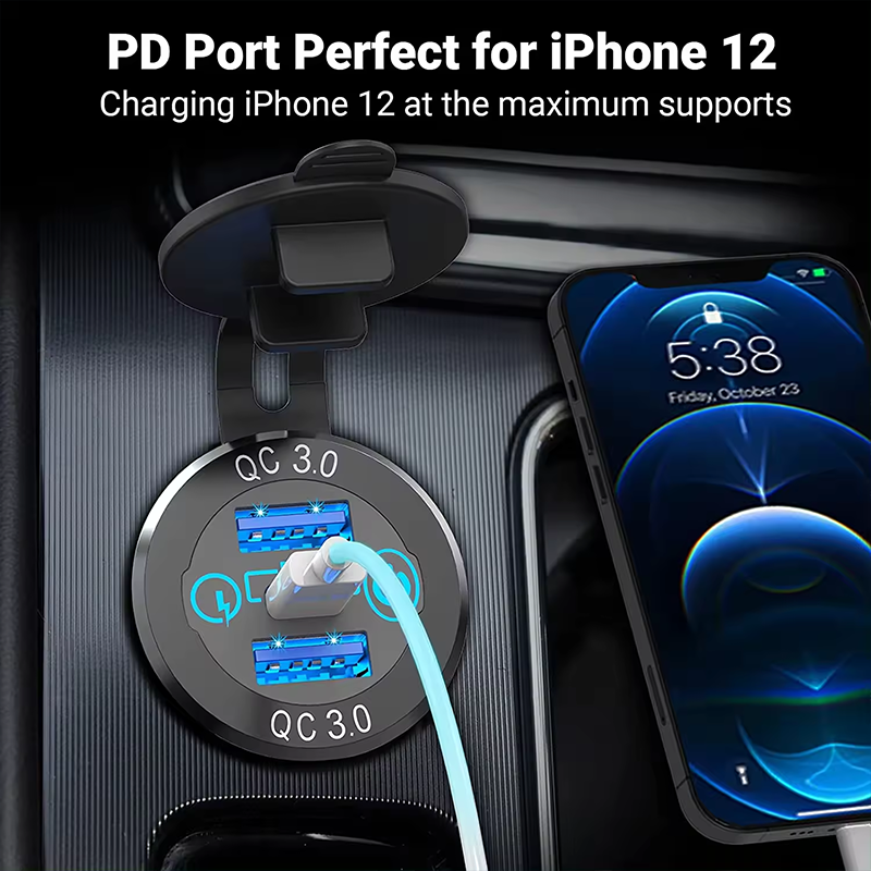 12V/24V Triple USB Outlet Metal 60W USB-C Multiple Car Charger Socket PD3.0 & Two QC3.0 Ports with Touch Switch