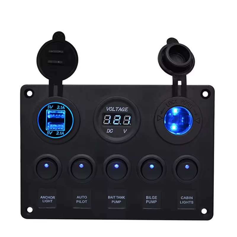 5 geng panel switch rocker marin on-off panel switch toggle waterproof biru LED dual usb socket charger + voltmeter