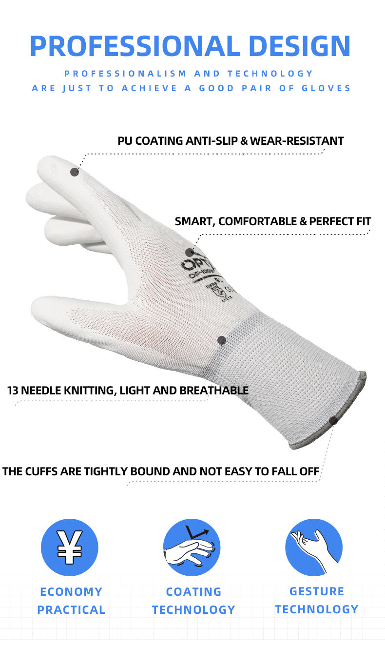 Wear-Resistant OP-100W General Purpose Gloves White Polyester PU Gloves supplier