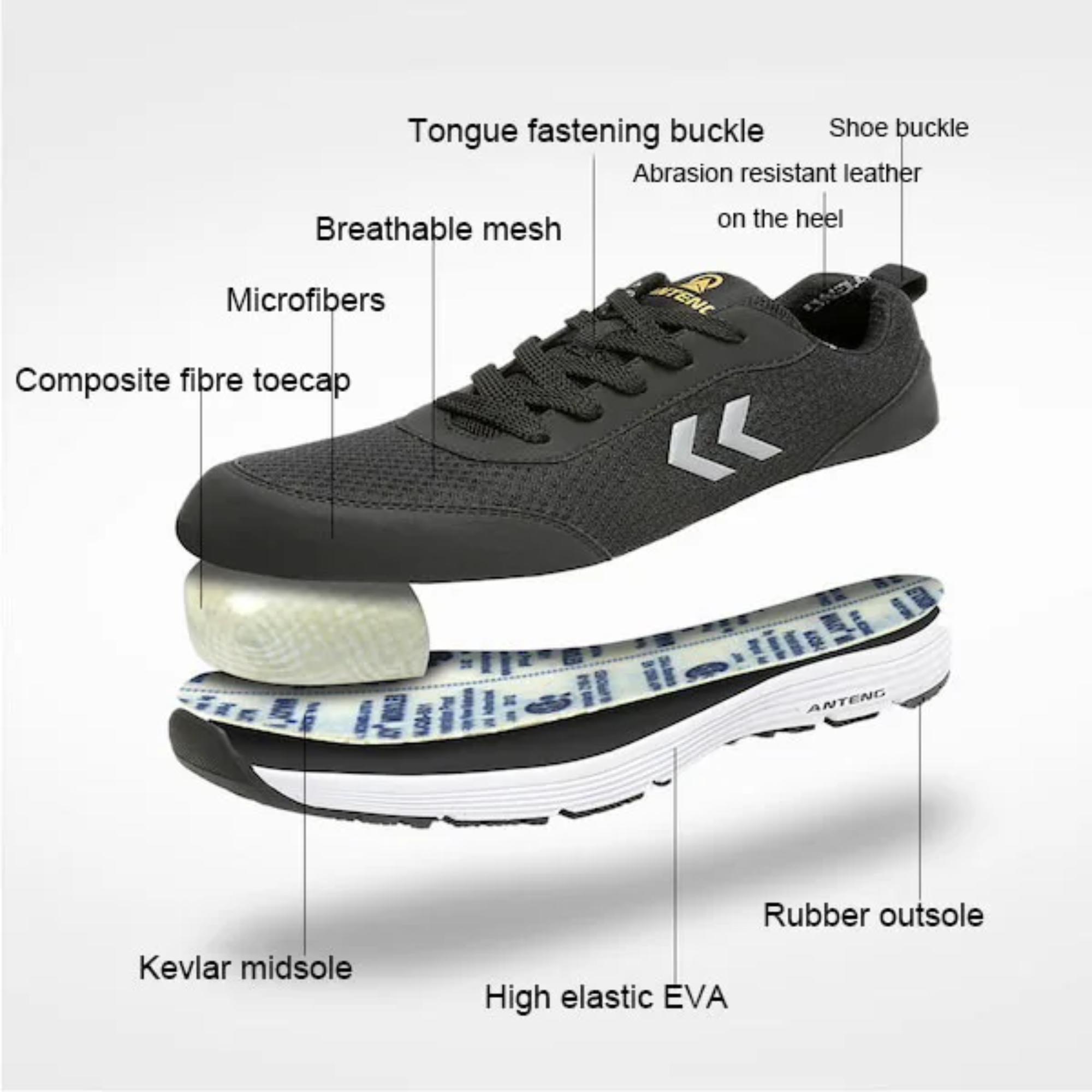 Bout en fibre composite anti-écrasement, semelle extérieure en caoutchouc, chaussures de sécurité en maille respirante en microfibre noire, antistatiques