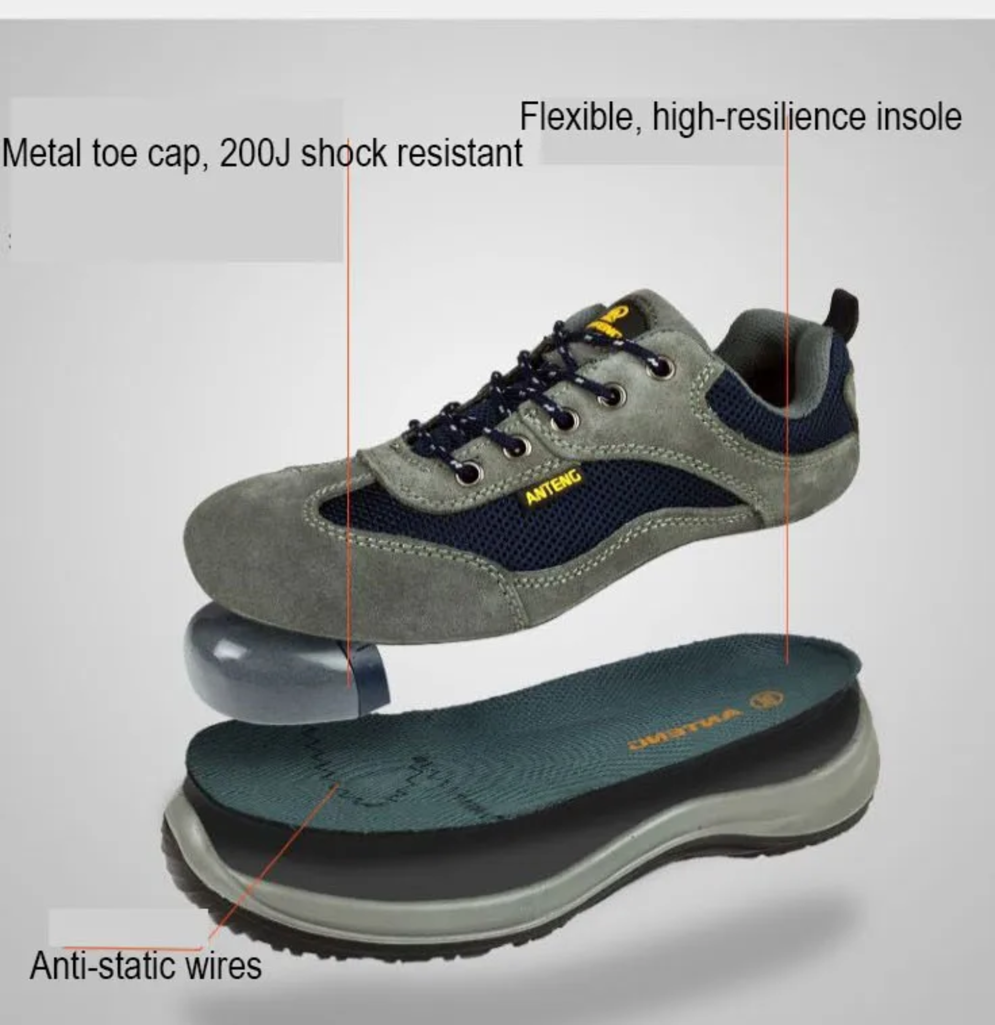 PU Series Anti Static Non Slip Anti Smashing Steel Toe Grey Cow Suede Upper Safety Shoes