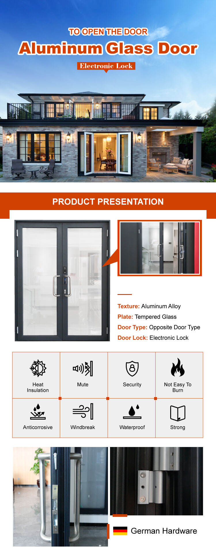 Doorwin Aluminium Französisches Design Mutter und Sohn Doppeltür mit offener Tür Moderne Designs für Häuser Aluminium-Eingangstürdetails