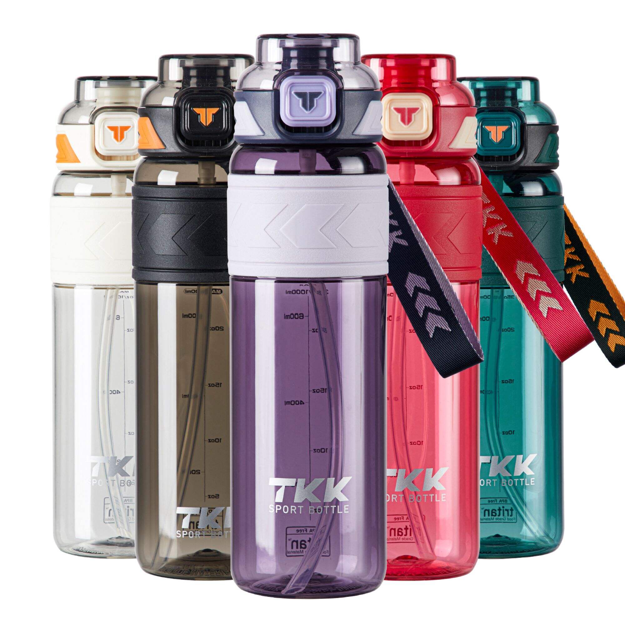 TKK Sports Water Bottles with Removable Straw 1000ml/800ml/600ml Leak-proof Flip Top Lid BPA Free Tritan Bottles with Strap for School, Fitness, Gym, Outdoor