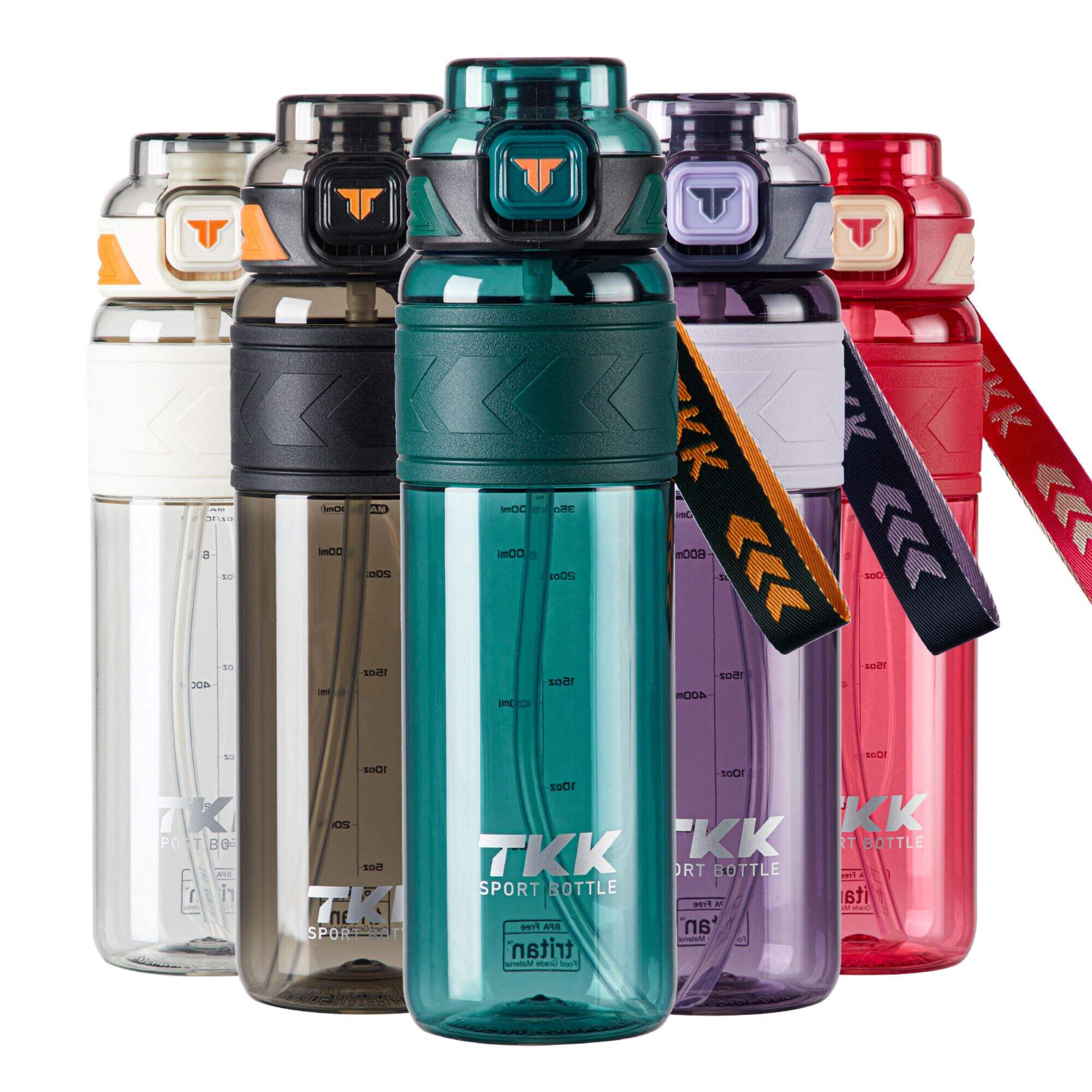 TKK Sports Water Bottles with Removable Straw 1000ml/800ml/600ml Leak-proof Flip Top Lid BPA Free Tritan Bottles with Strap for School, Fitness, Gym, Outdoor