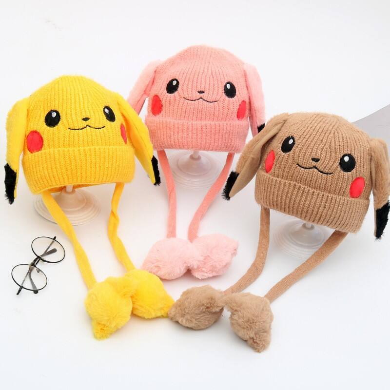 product rabbit moving ears winter beanie hats warm soft lovely knit animal hat hand knit pikachu beanie kids knit animal pikachu hat-3