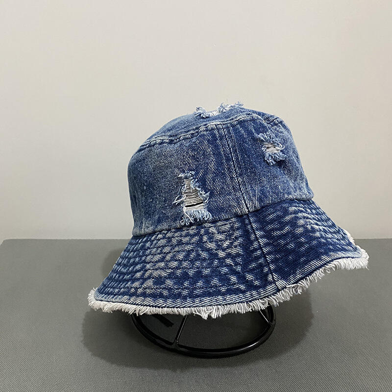 Distressed Vintage Wide Brim Jean Denim Fisherman Bucket Hats Frayed Ripped Vintage Fisherman Cap details