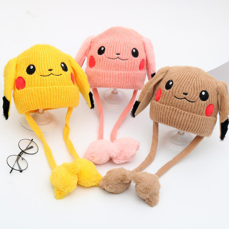 product rabbit moving ears winter beanie hats warm soft lovely knit animal hat hand knit pikachu beanie kids knit animal pikachu hat-2