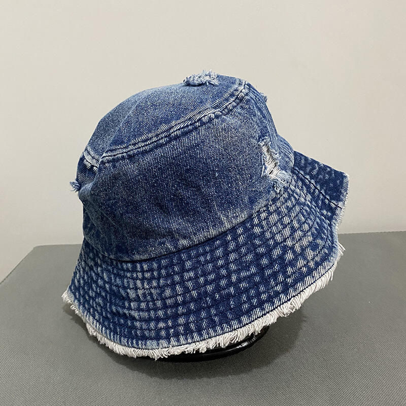 Distressed Vintage Wide Brim Jean Denim Fisherman Bucket Hats Frayed Ripped Vintage Fisherman Cap supplier