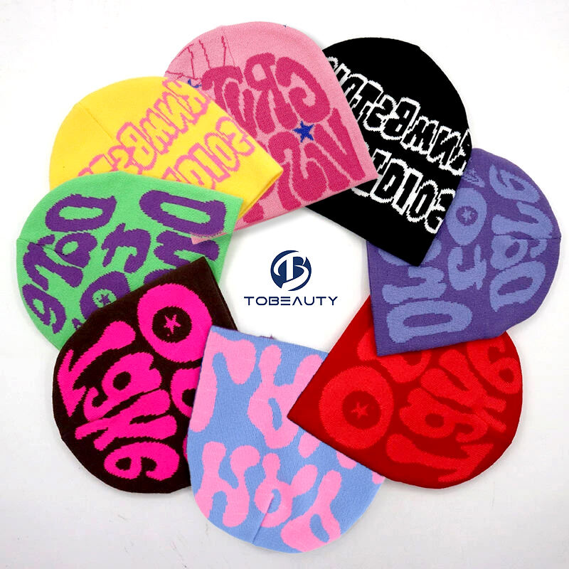 Low MOQ Y2K Gothic All Over Print Cuff Beanie Fold Winter Skull Cap Custom Logo Jacquard Youth Sublimation Speckled Knit Bean supplier