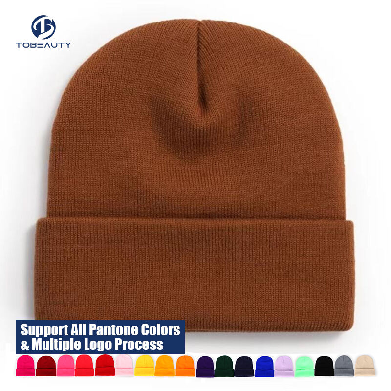product 2024 wholesale solid color warm winter hat custom logo woven label thick knitted beanie for women men-3