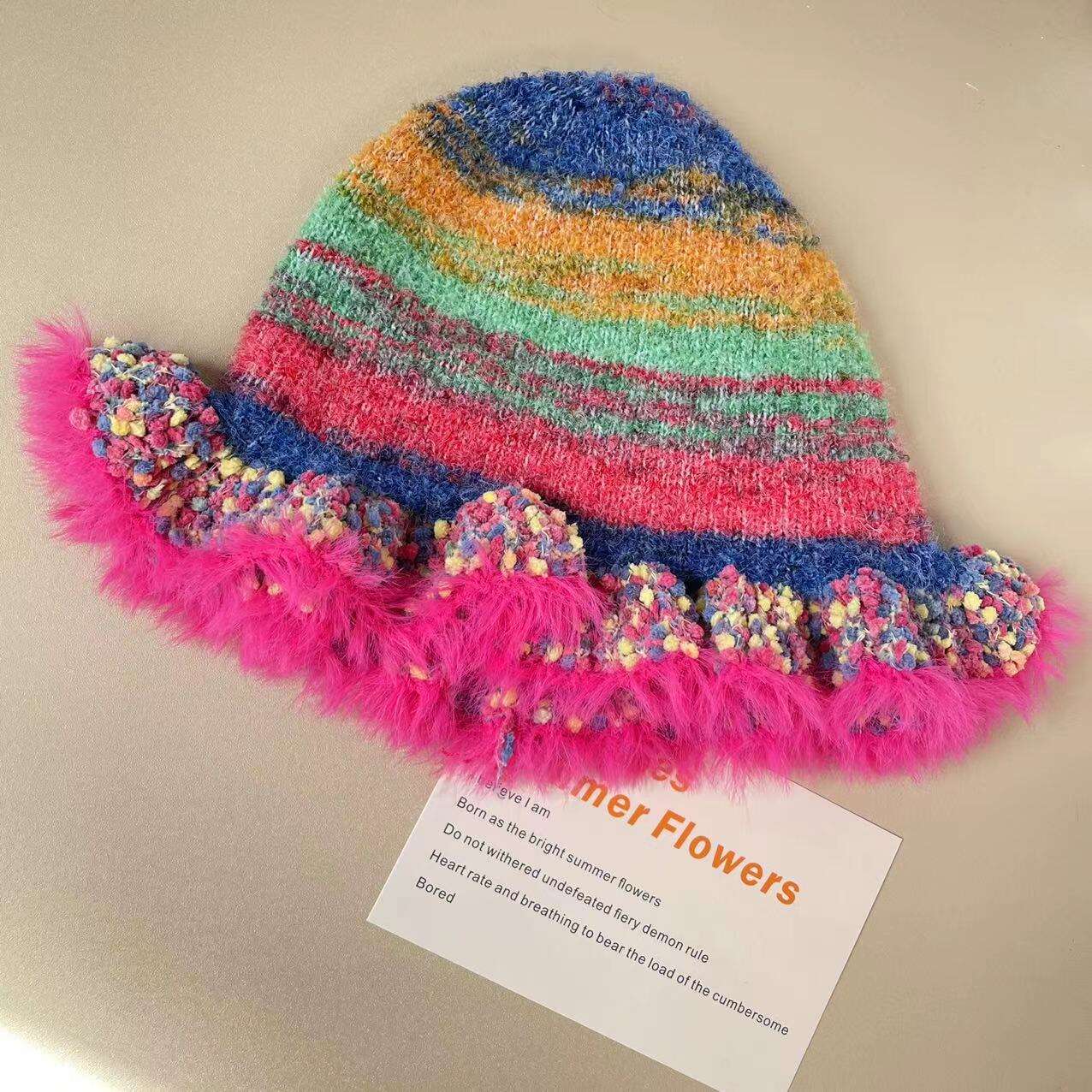 New fashion colorful retro striped style bucket hats women autumn winter beanie cap acrylic crochet beanie caps supplier