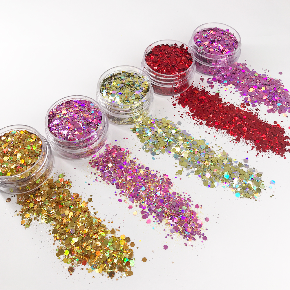 New Holographic Hexagon Mix Size Glitter Powder Bulk Chameleon Color change Fish Scale glitter manufacture