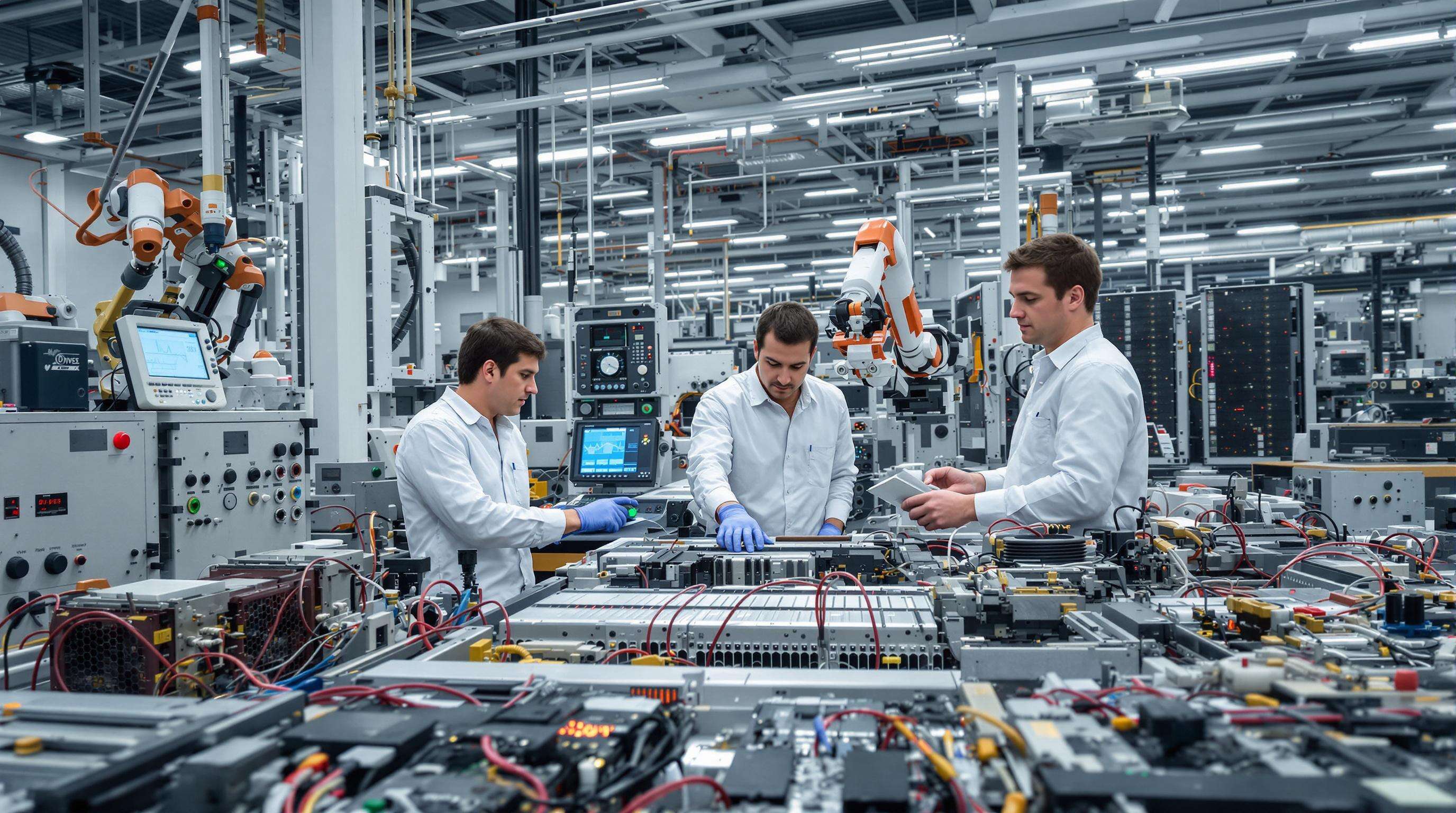 Engineers testing power supply modules in a laboratory with industrial robots and data center equipment