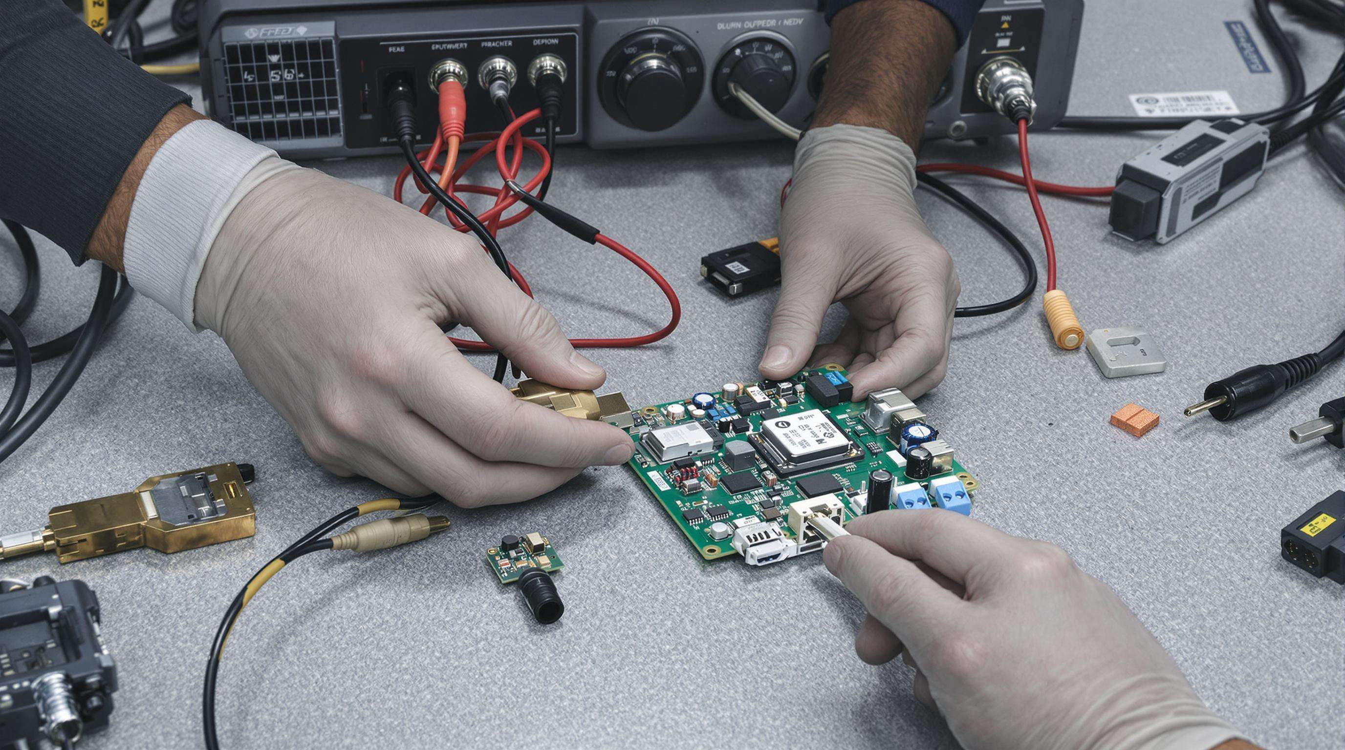 Technician assembling a power adapter with precise electronic components and surge protectors