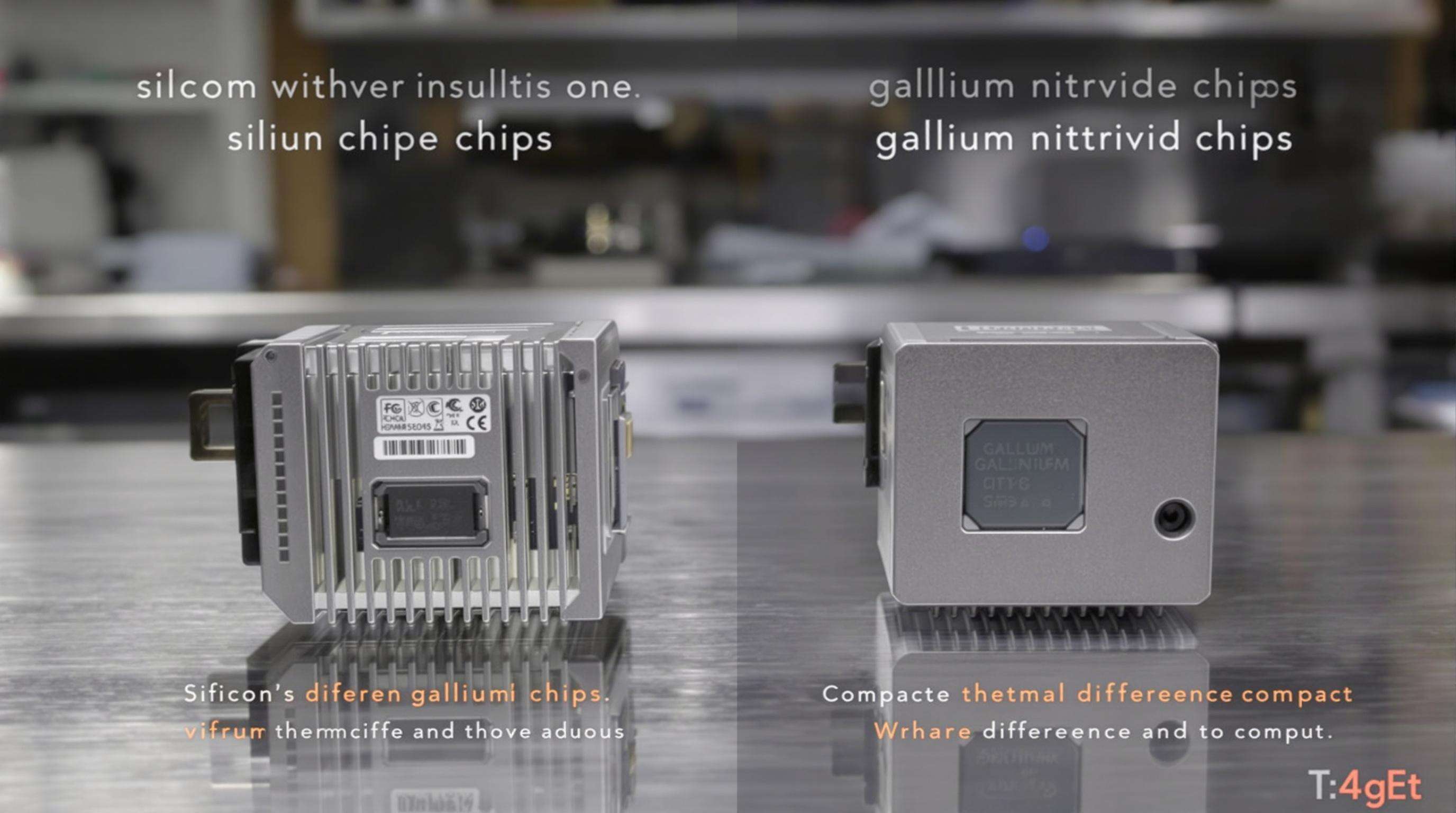 Silicon and gallium nitride power adapters side by side on a workbench highlighting differences in design and cooling