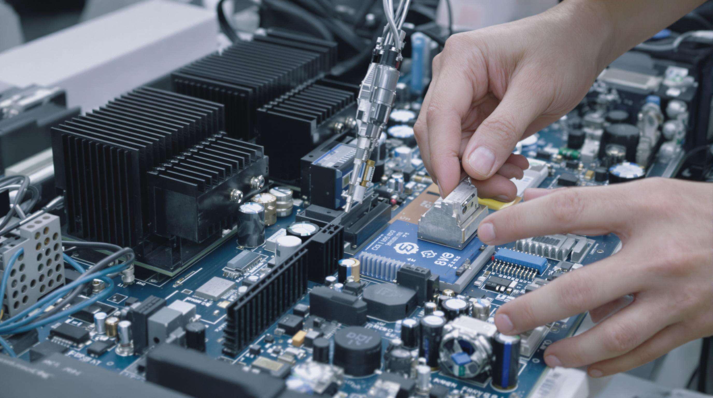 Technician maintaining a power electronics module with heatsinks and circuit boards in a muted lab setting