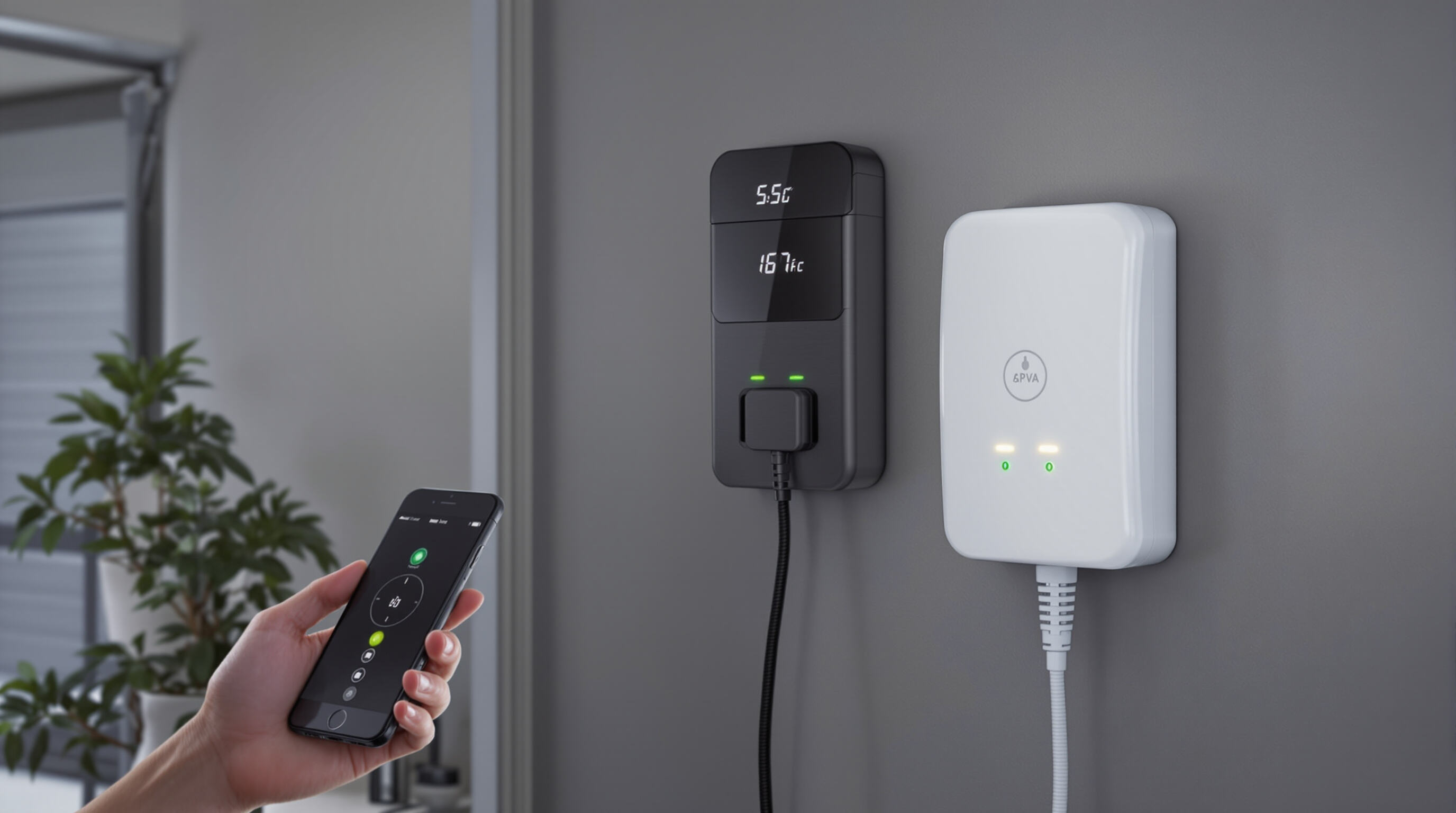 Person remotely controlling a smart AC charger from a smartphone in a modern garage, showcasing IoT integration.