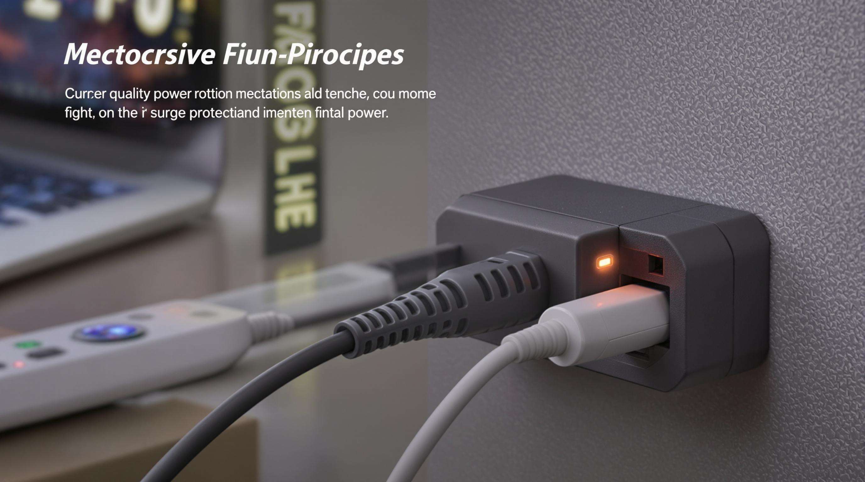 Close-up of a premium power adapter in a surge-protected strip with background electronics, highlighting device protection features