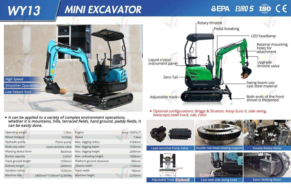 WY13 China Micro Excavator 1.3 ton mini digger mini pelle small excavator machine factory