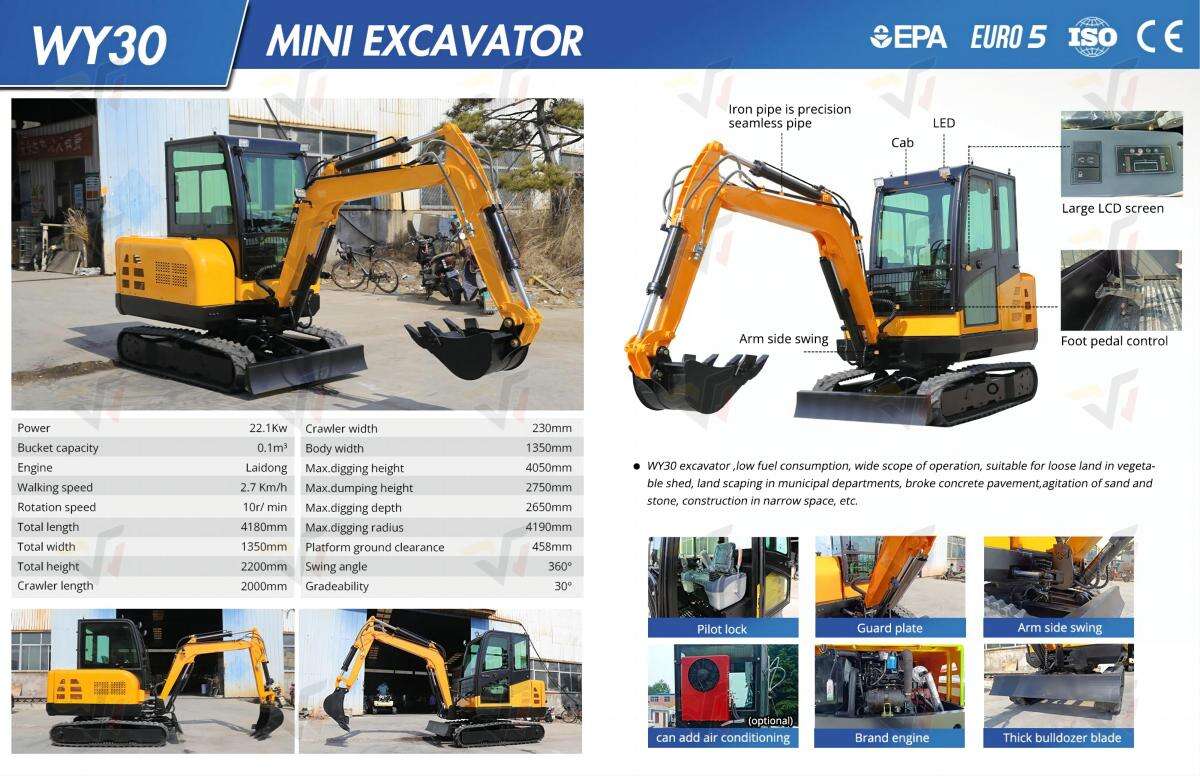 WY30 mini excavator 3 ton minibagger Kubota Engine digger mini pelle Chinese small excavator machine manufacture