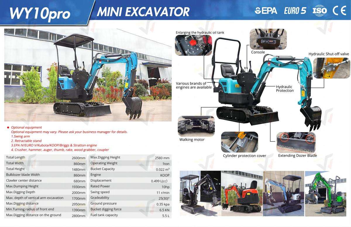 CE EPA EURO5 WY10pro mini excavator 1 ton minibagger Engine digger mini pelle Chinese small excavator machine details