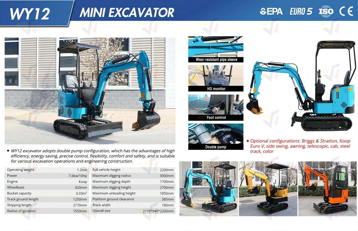 WY12 mini excavator 1.2 ton minibagger Kubota Engine digger mini pelle Chinese small excavator machine supplier