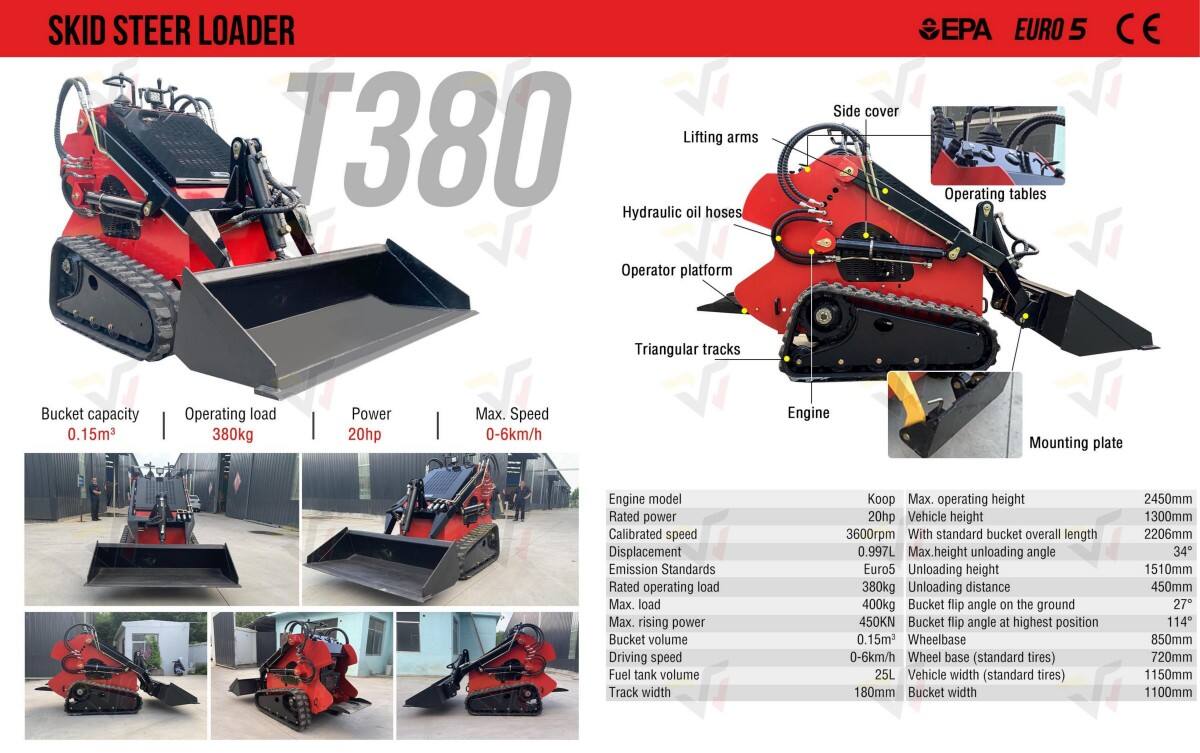 WY380 rated operating weight 380 KG cheap diesel/gasoline mini skid steer loaders track/wheel loader manufacture